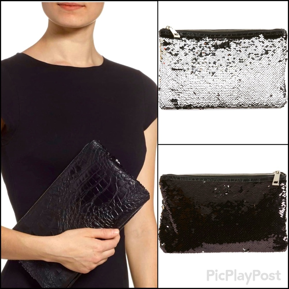 SONDRA ROBERTS SQUARED Black Silver Sequin Croc REVERSIBLE CLUTCH Bag NWT GORGS